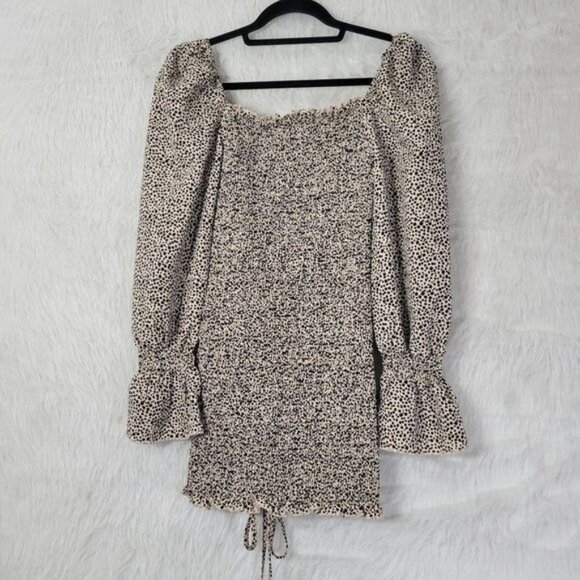 O. Vianca Animal Print Ruffled Smocked Cinched Side Long Sleeve Mini Dress Small - Picture 4 of 12